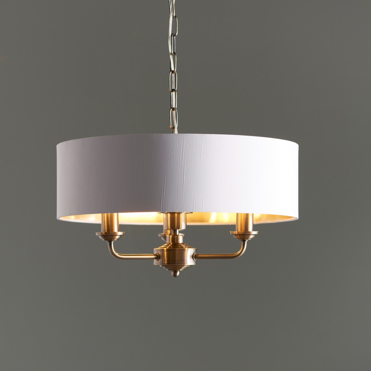 Highclere 3 Light Ceiling Pendant Light In Antique Brass Finish And Vintage White Shade