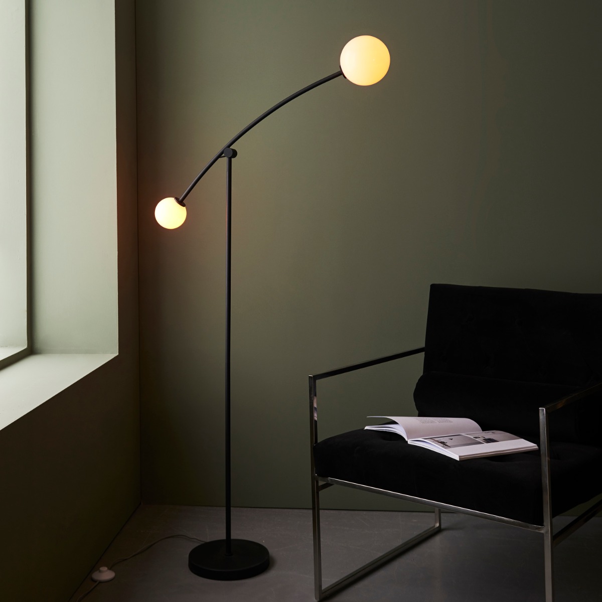 Contemporary 2 Light Floor Lamp In Matt Black With Gloss Opal Glass