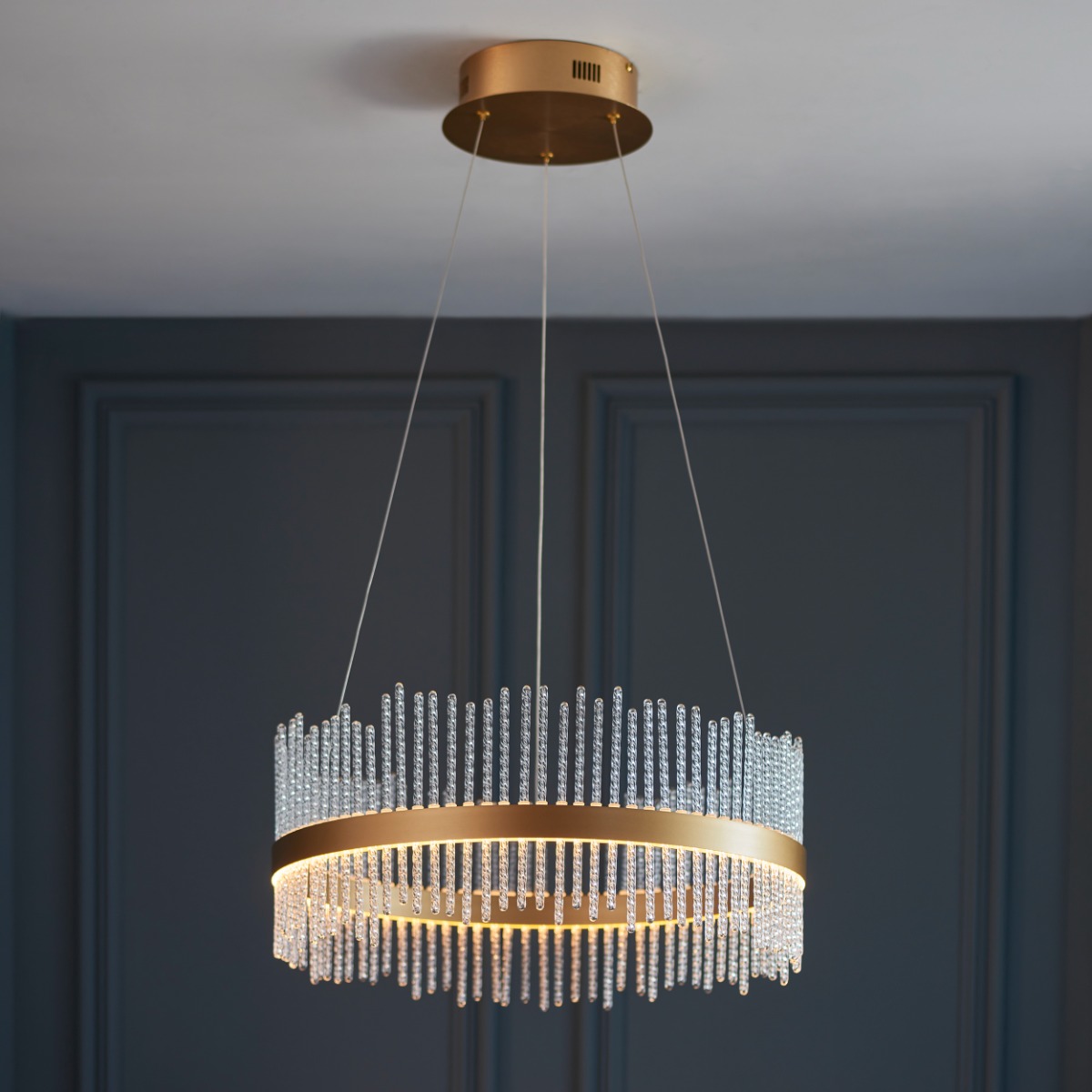 Tivoli Medium Ceiling Pendant Light In Brushed Gold With Clear Glass Rods