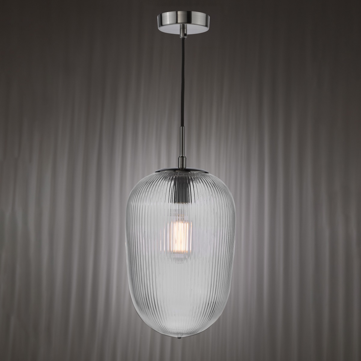 Dar Lighting Abrielle Ceiling Pendant In Polished Nickel With Ribbed Glass