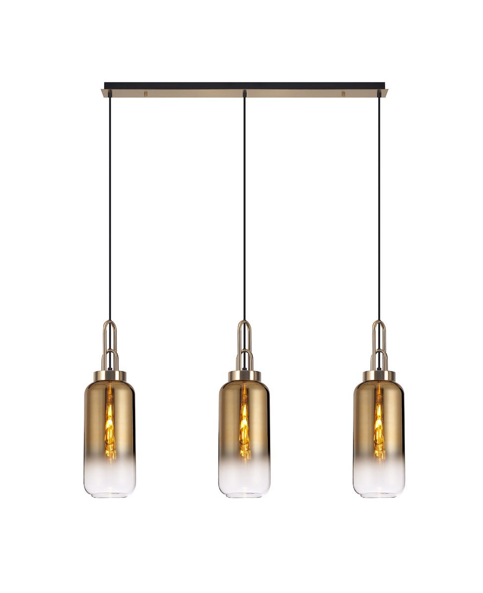 Glenn 3 Light Cylinder Linear Pendant in a Brass Gold With Gold And Clear Glass