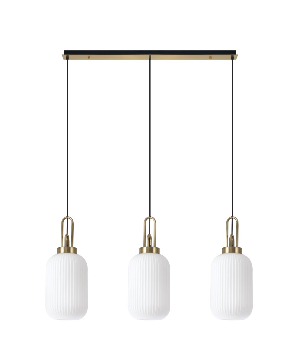 Glenn 3 Light Tubular Linear Pendant in Brass Gold With Opal Ribbed Glass