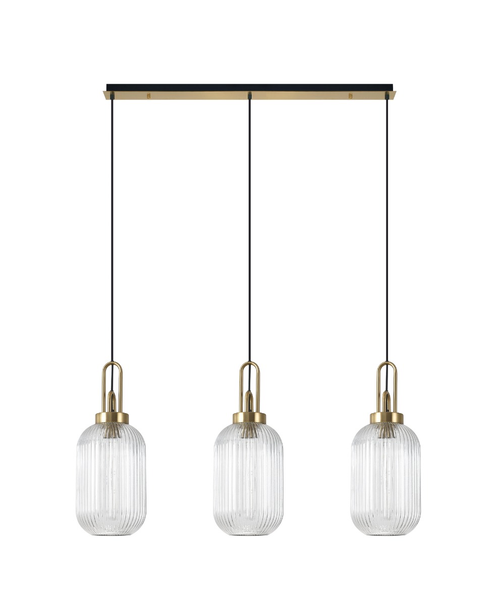 Glenn 3 Light Tubular Linear Pendant in a Brass Gold With Clear Ribbed Glass
