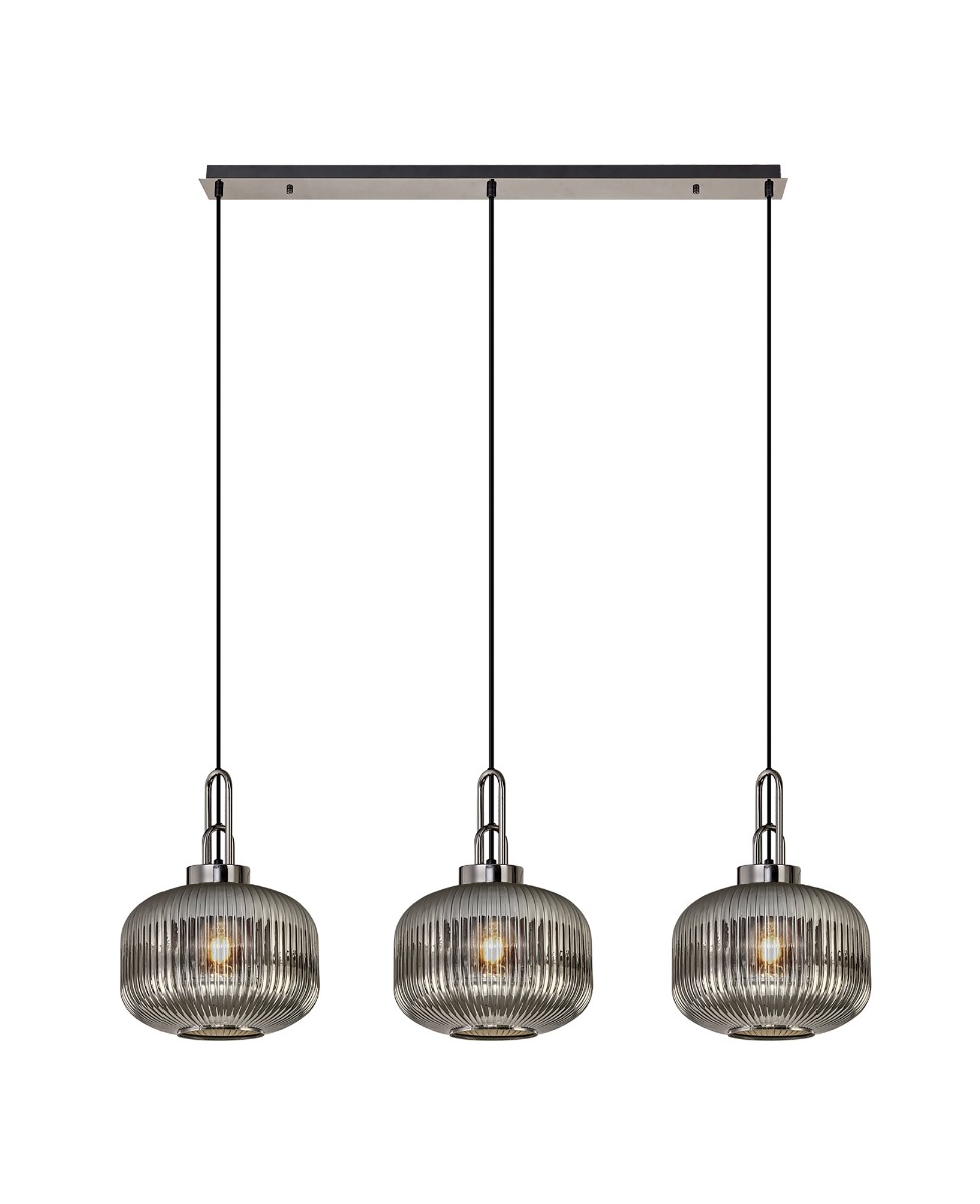 Glenn 3 Light Pumpkin Linear Pendant in Black Chrome With Smoked Ribbed Glass