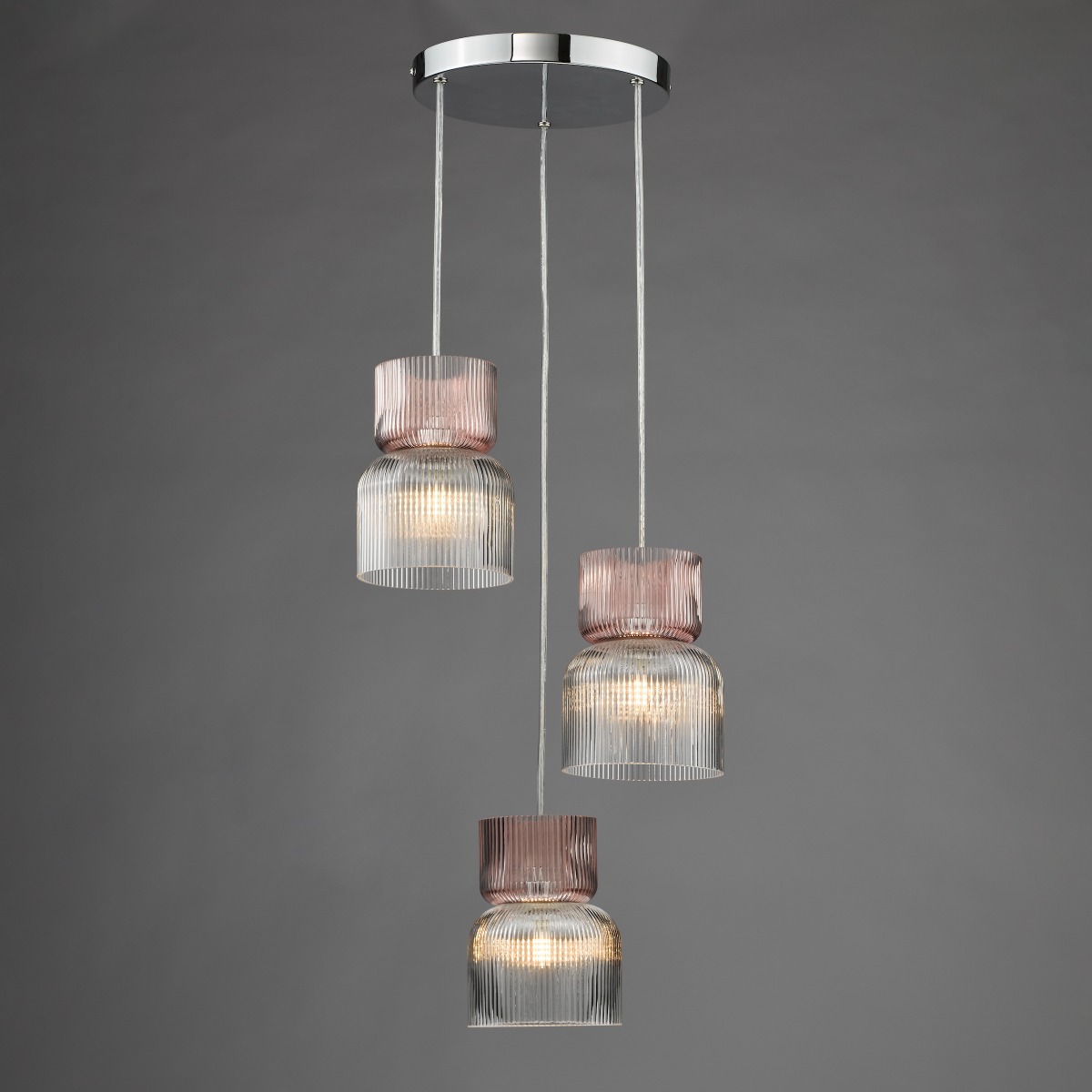 Dar Wisebuys Auberta 3 Light Cluster Pendant In Polished Chrome and Pink Ribbed Glass