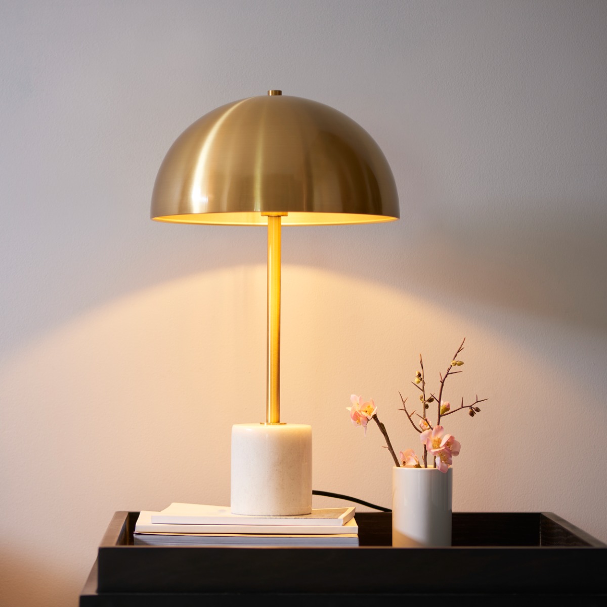Mid Century Table Lamp In Aged Brass With White Marble Base