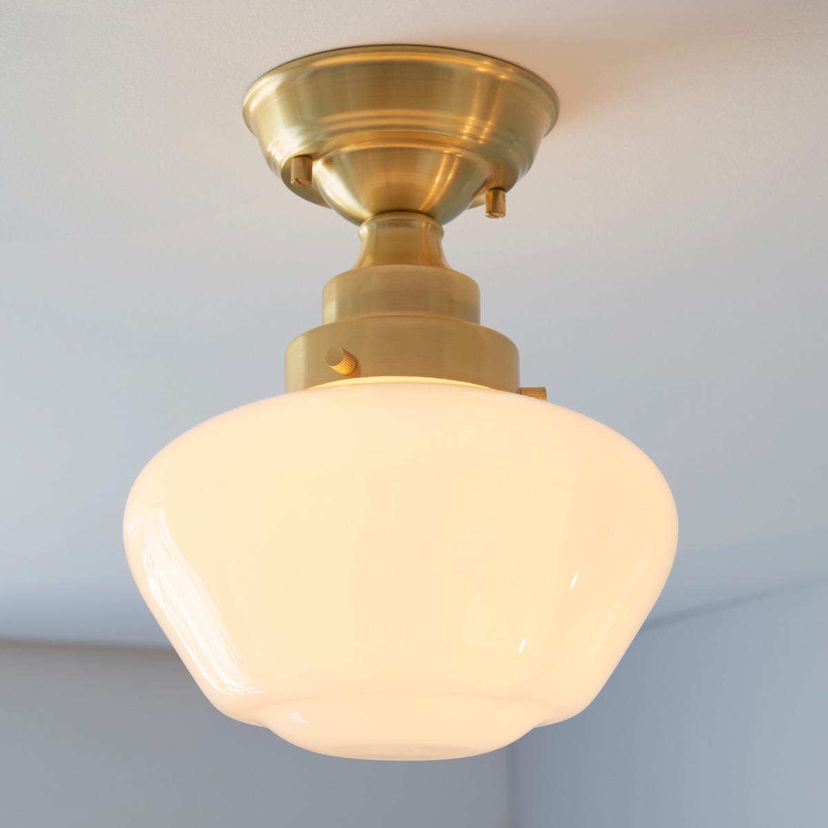 Timeless Semi Flush Ceiling Light In Brass Finish With Opal Glass Shade