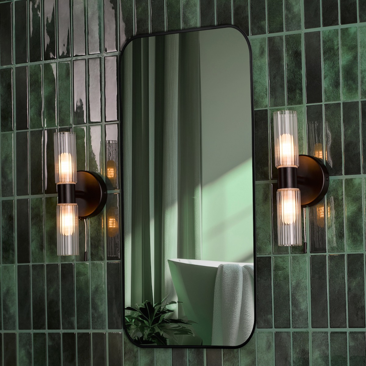Dar Lighting Bolton 2 Light Bathroom Wall Light In Matt Black With Ribbed Glass IP44