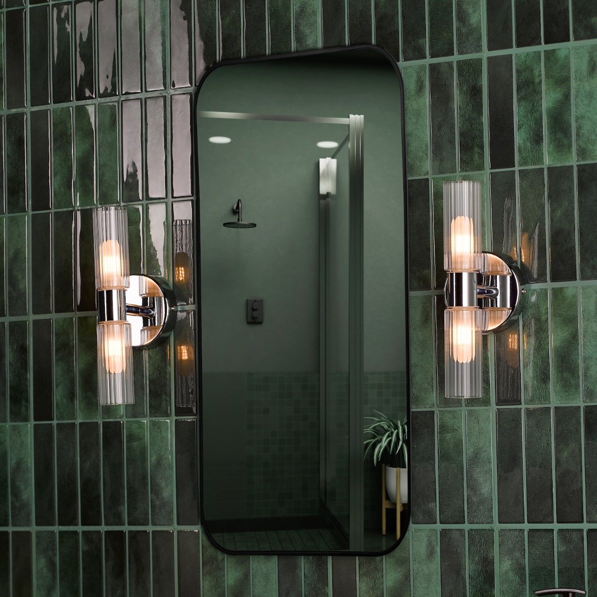 Dar Lighting Bolton 2 Light Bathroom Wall Light In Polished Chrome With Ribbed Glass IP44