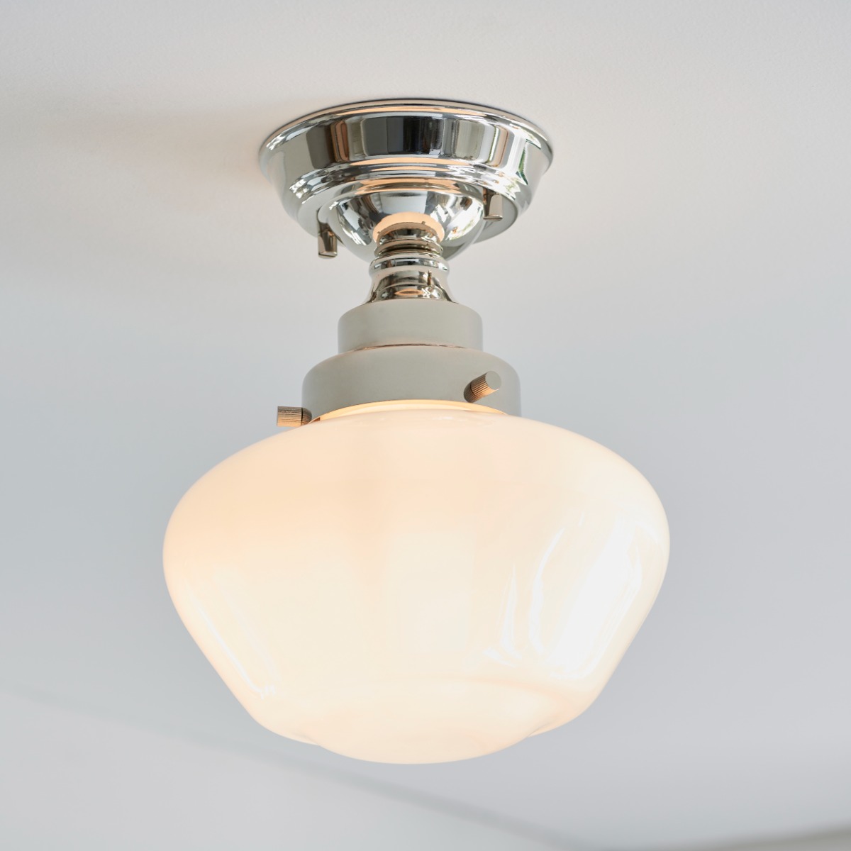 Timeless Semi Flush Ceiling Light In Bright Nickel Finish With Opal Glass Shade