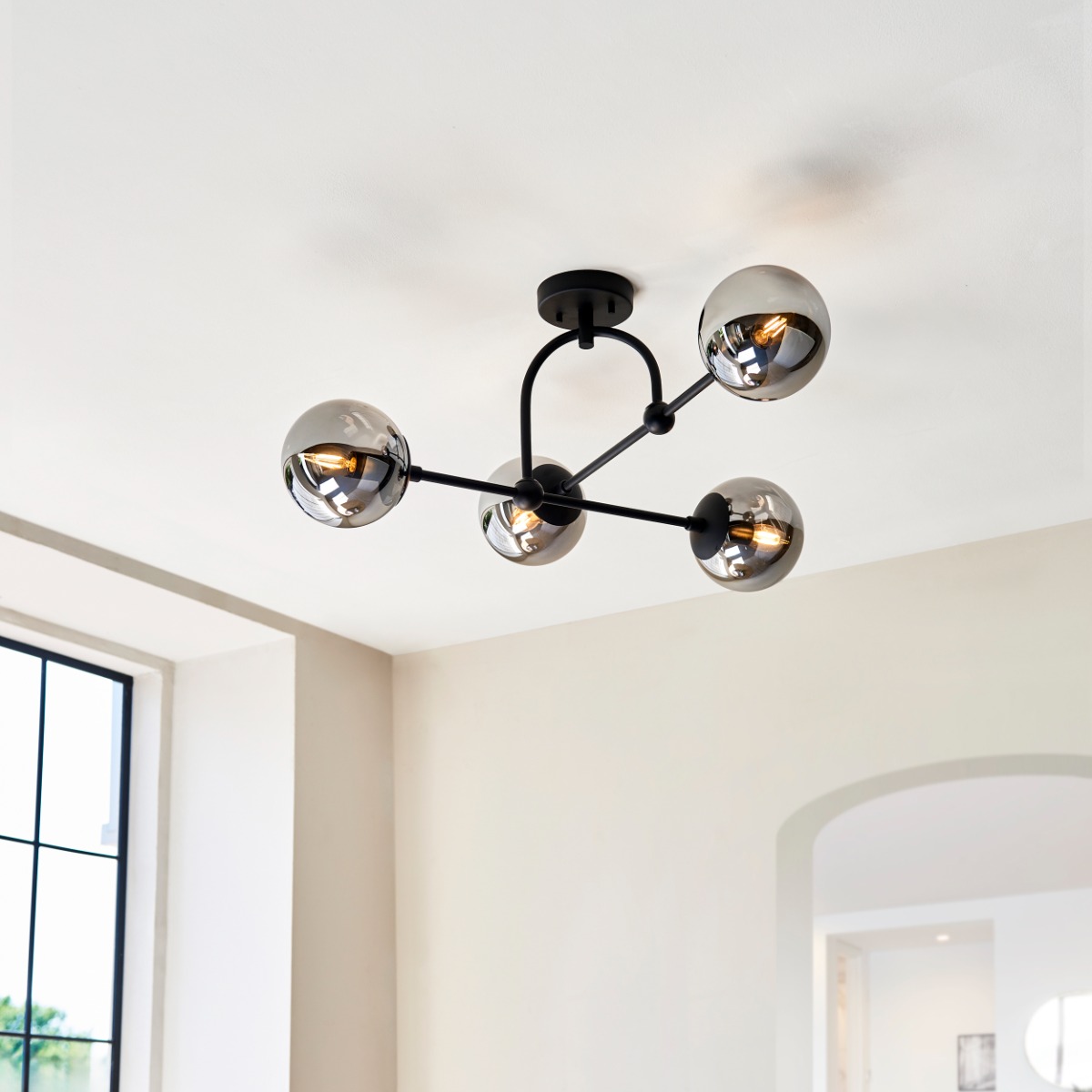 Orio 4 Light Semi Flush Ceiling Light In Matt Black Finish With Smoked Mirrored Glass