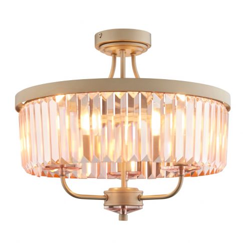 Modern 3 Light Semi Flush Ceiling In Champagne Finish With Rose Pink Cut Glass - Pink And Gold Glass Ceiling Light
