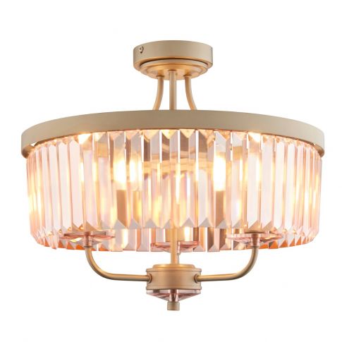 Modern 3 Light Semi Flush Ceiling In Champagne Finish With Rose Pink Cut Glass - Pink And Gold Glass Ceiling Light Modern 3 Light Semi Flush Ceiling In Champagne Finish With Rose Pink Cut Glass - Pink And Gold Glass Ceiling Light