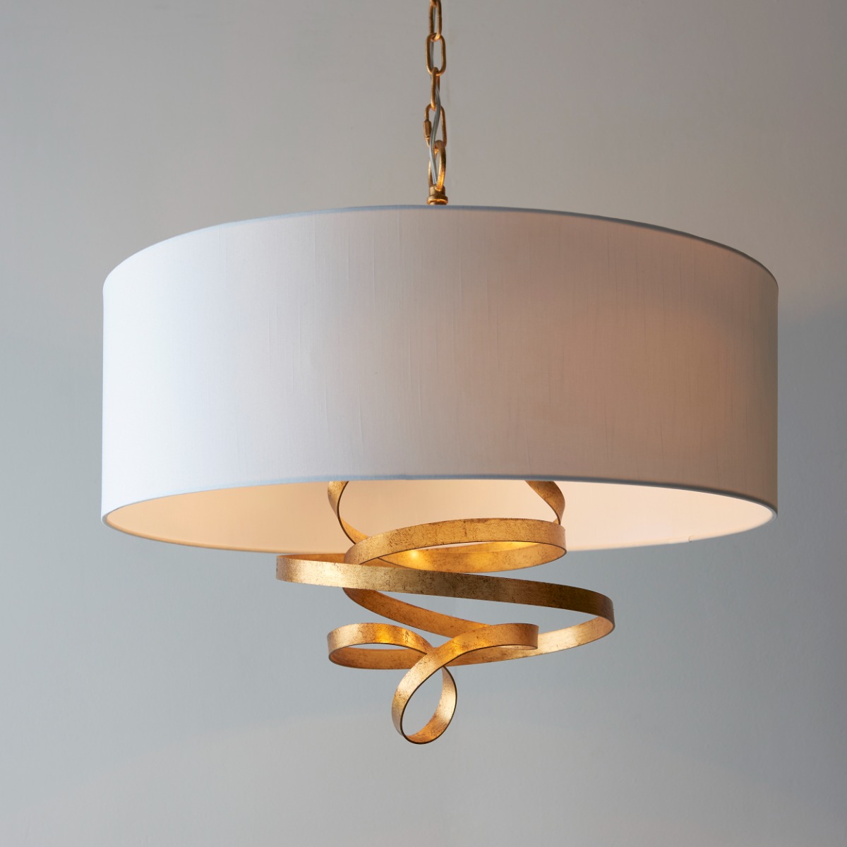 Ribbon 3 Light Ceiling Pendant Light In Gold Leaf Finish With Ivory Cotton Shade