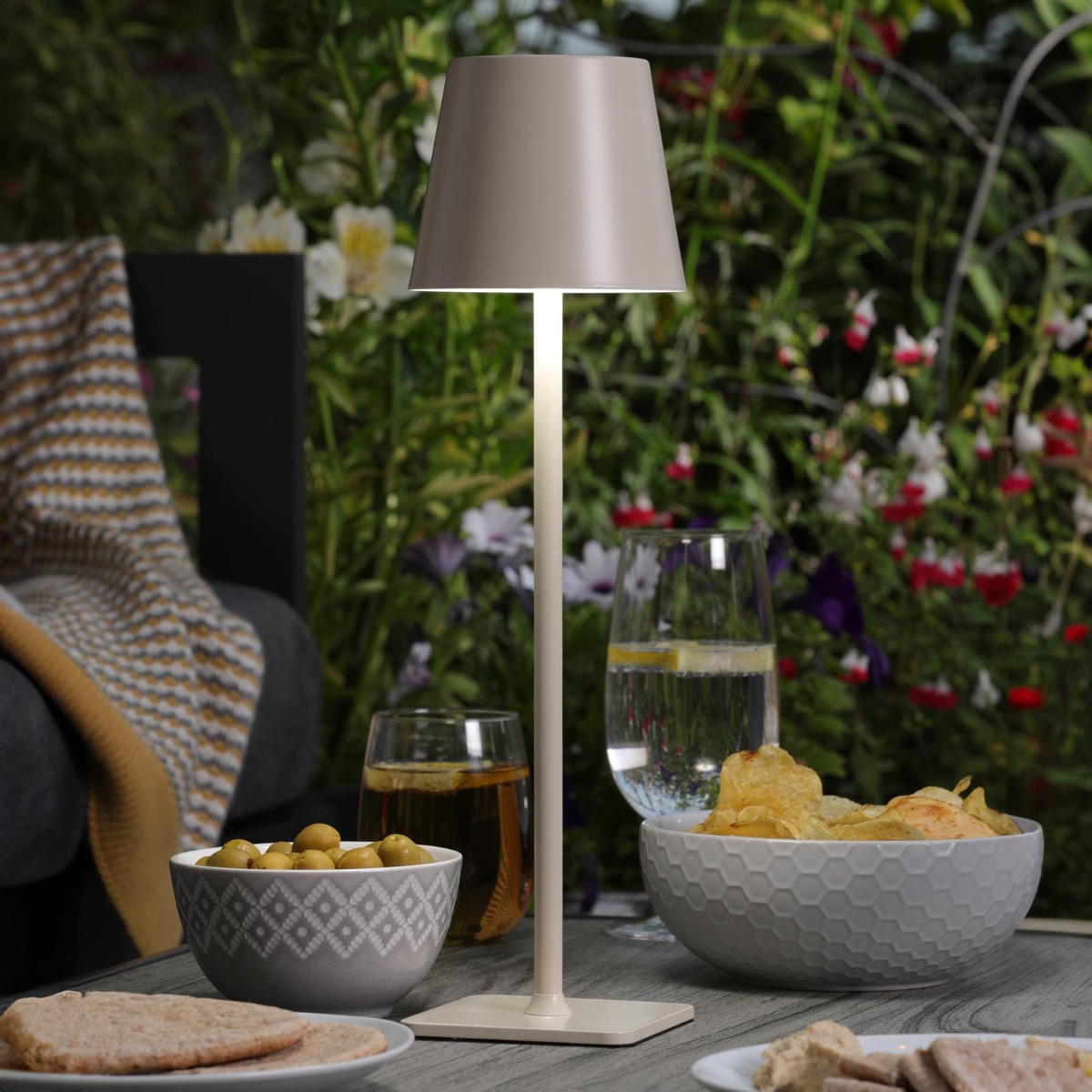Dar Wisebuys Derrick Rechargeable LED Outdoor Table Lamp in Satin Taupe IP54