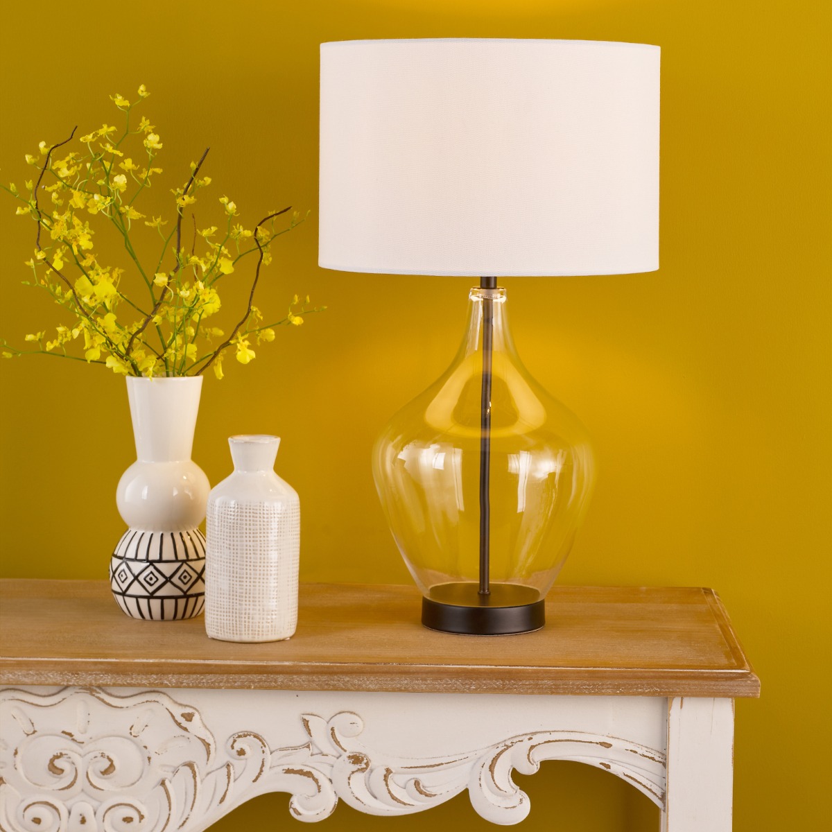 Dar Lighting Drago Clear Glass Table Lamp In Matt Black With Shade