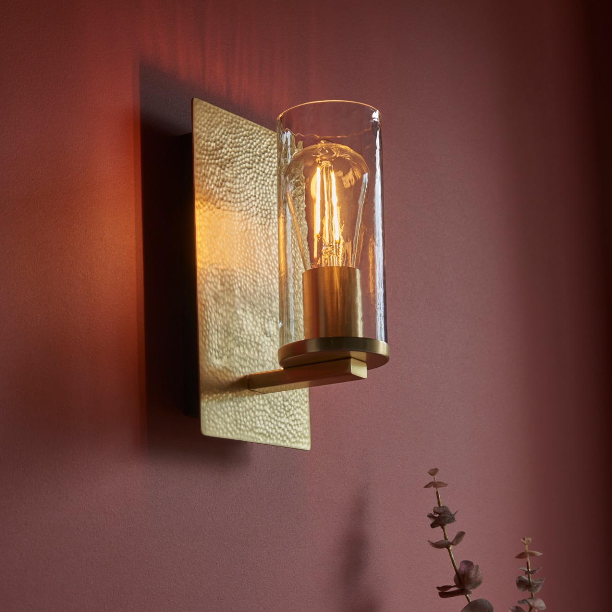 Artisan Wall Light In Hammered Brass Finish With Textured Glass