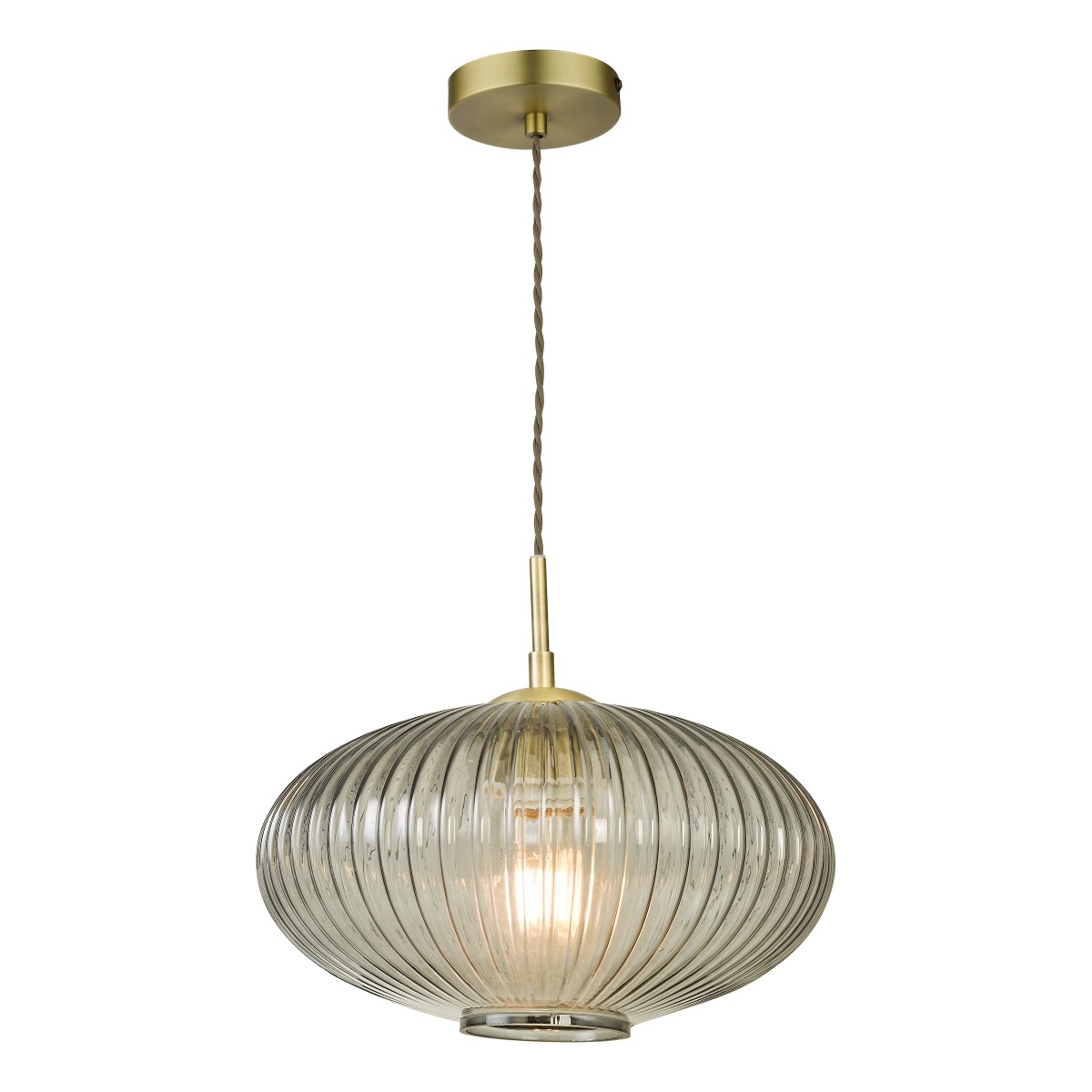 Dar Lighting Edmond Single Ceiling Pendant Light In Antique Brass With Smoked Ribbed Glass