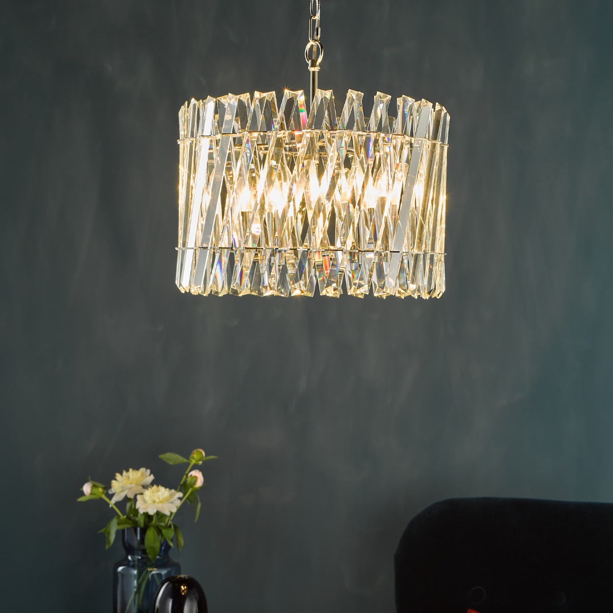 Dar Lighting Entwine 6 Light Ceiling Pendant Light In Polished Nickel With Crystal