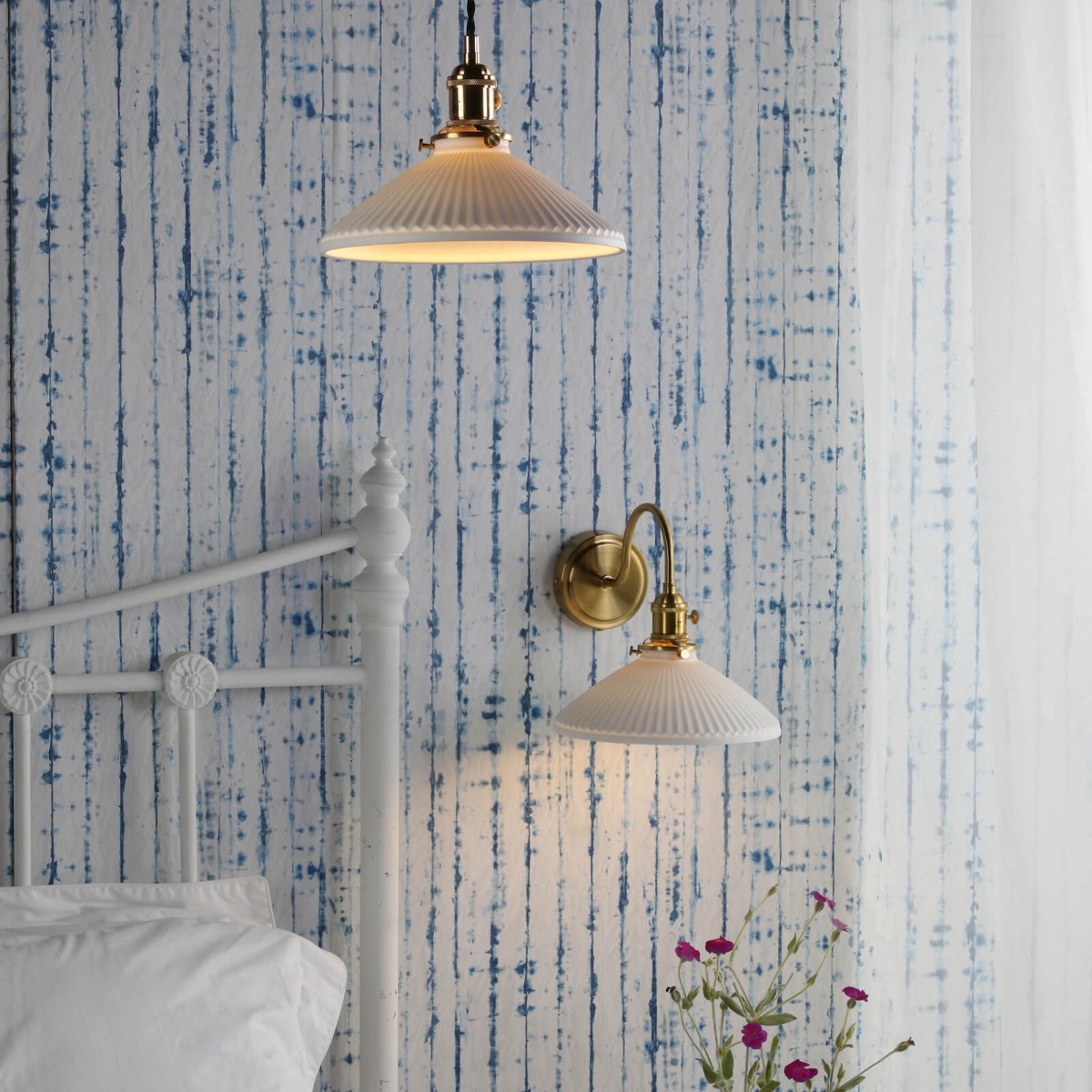 Dar Lighting Hadano Ceiling Pendant Light In Natural Brass With Ceramic Shallow Shade