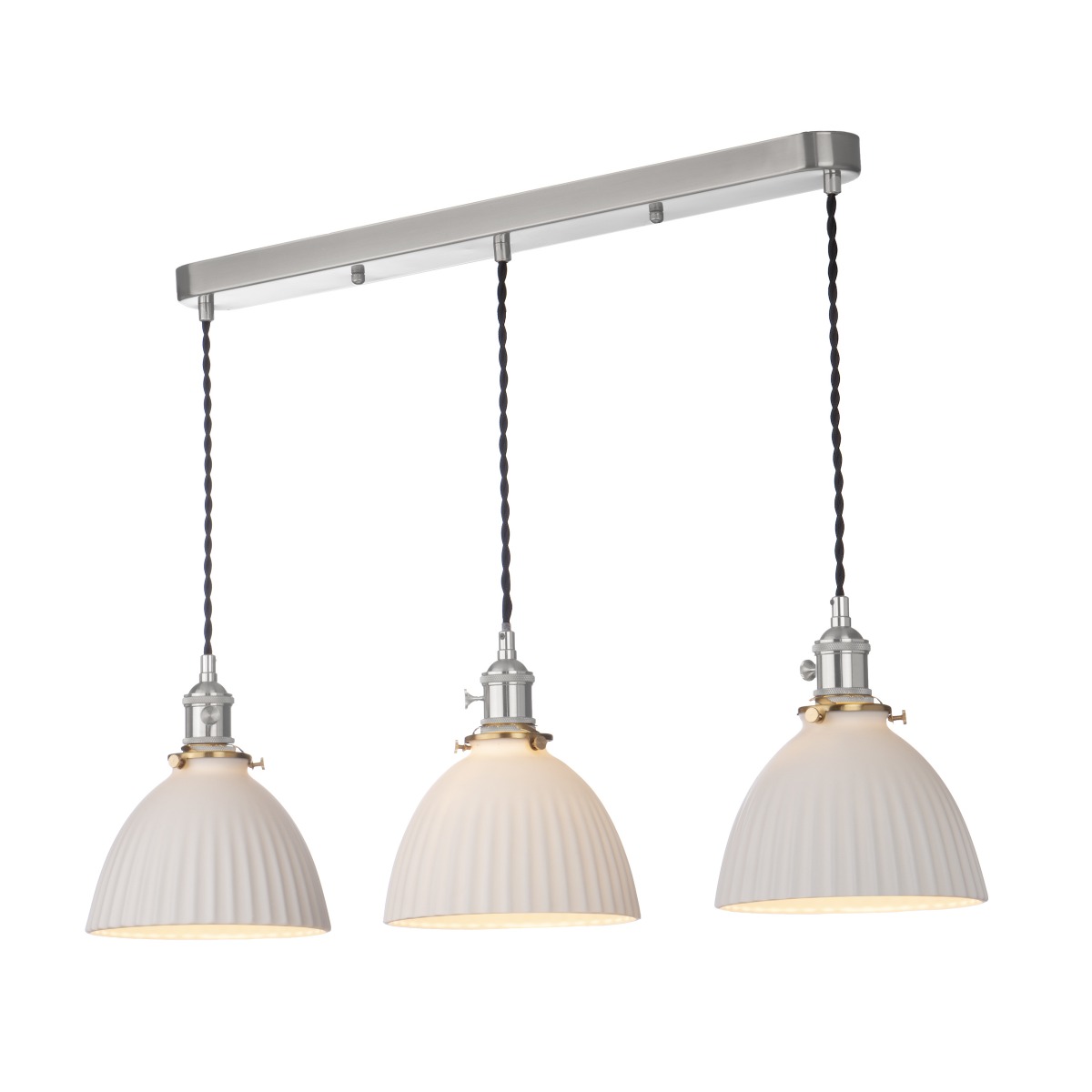 Dar Lighting Hadano 3 Light Bar Ceiling Pendant Light In Antique Chrome With Ceramic Domed Shade