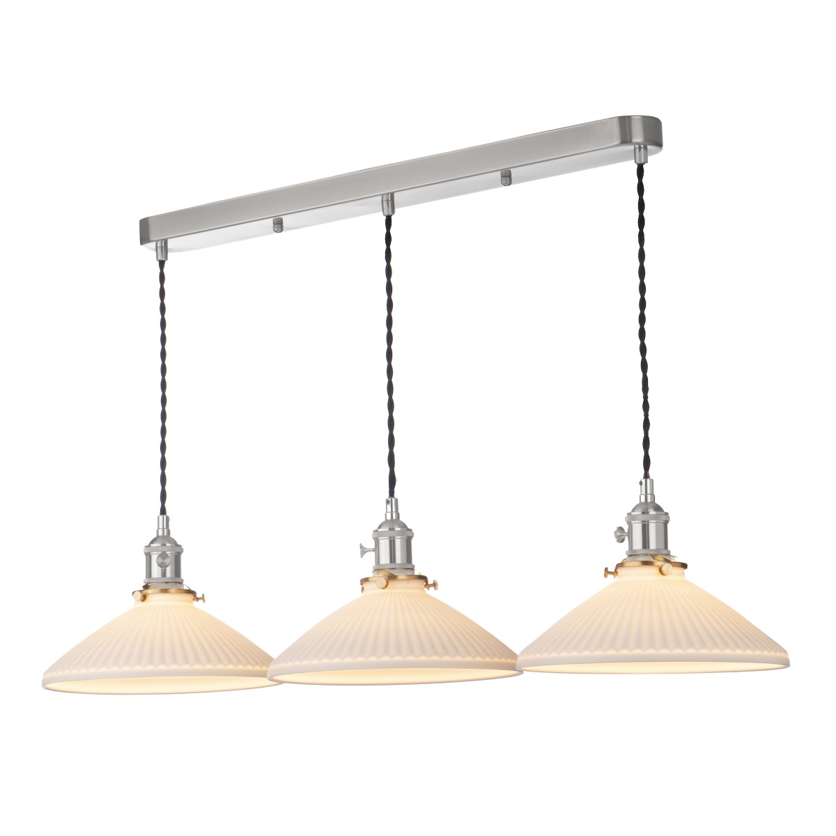 Dar Lighting Hadano 3 Light Bar Ceiling Pendant Light In Antique Chrome With Ceramic Shallow Shade