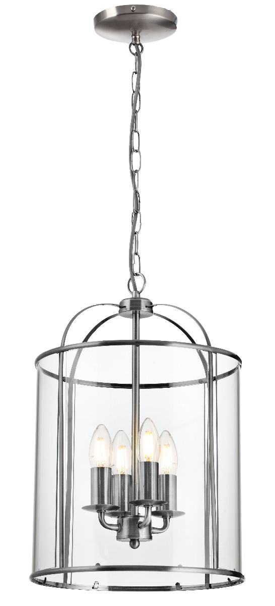 Traditional 4 Light Circular Satin Nickel Hanging Hall Ceiling Lantern Light with Glass Panels