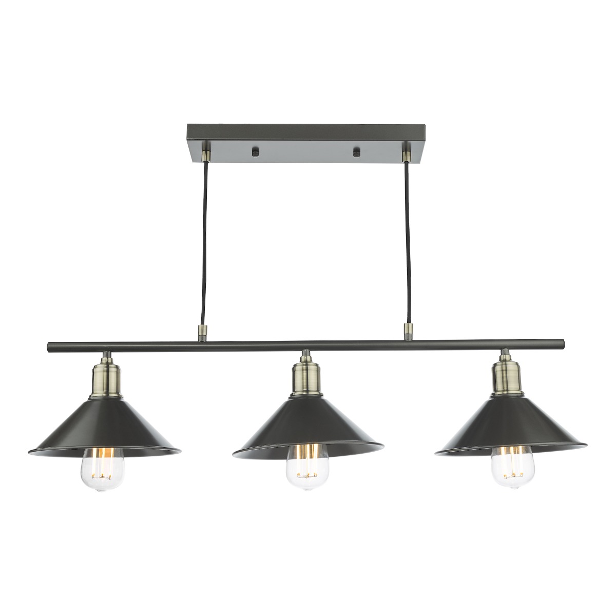 Dar Lighting Jalen 3 Light Bar Ceiling  Pendant In Graphite Finish And Antique Brass Finish