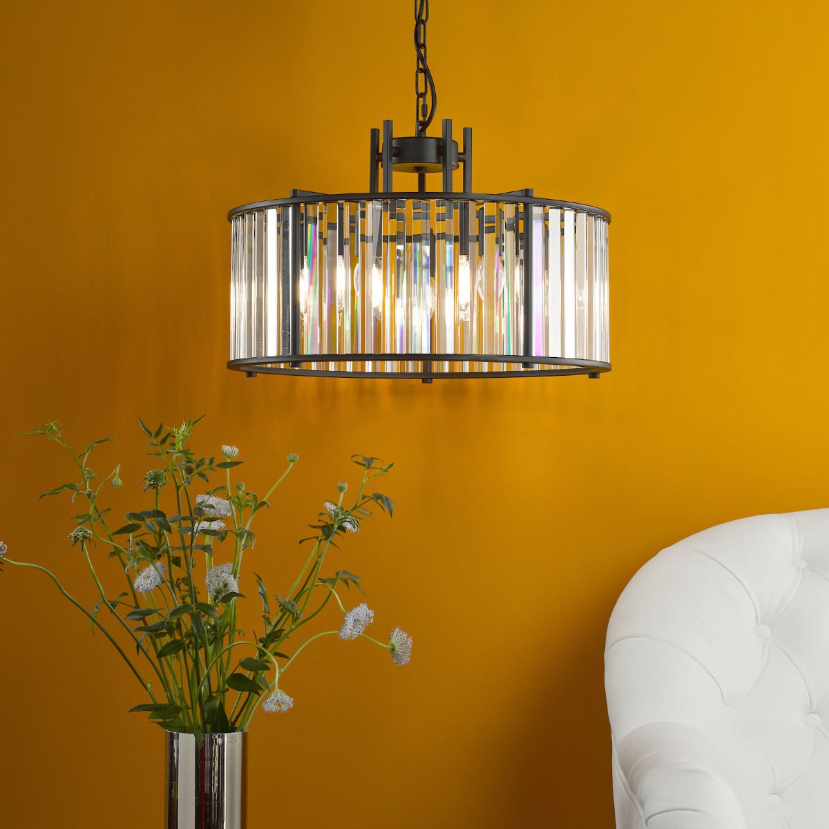 Dar Lighting Kiran 5 Light Glass Ceiling Pendant Light In Satin Black Finish KIR0522