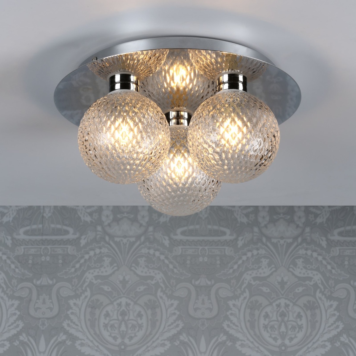 Image of Laura Ashley Prague Bathroom 3 Light Flush Ceiling Light In Polished Chrome With Glass Shades IP44