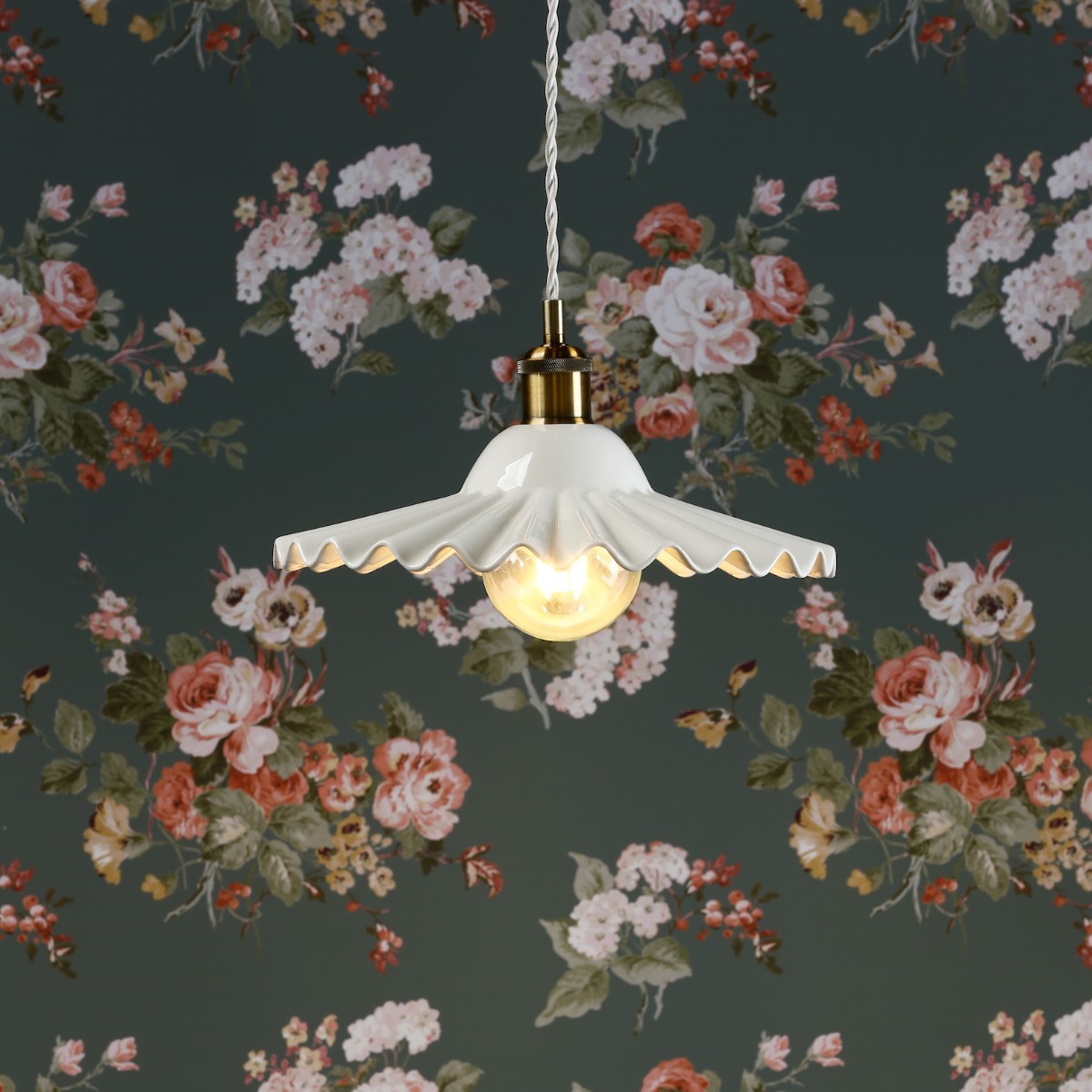 Laura Ashley Beca Large Ceiling Pendant With White Ceramic Shade And Antique Brass Detail