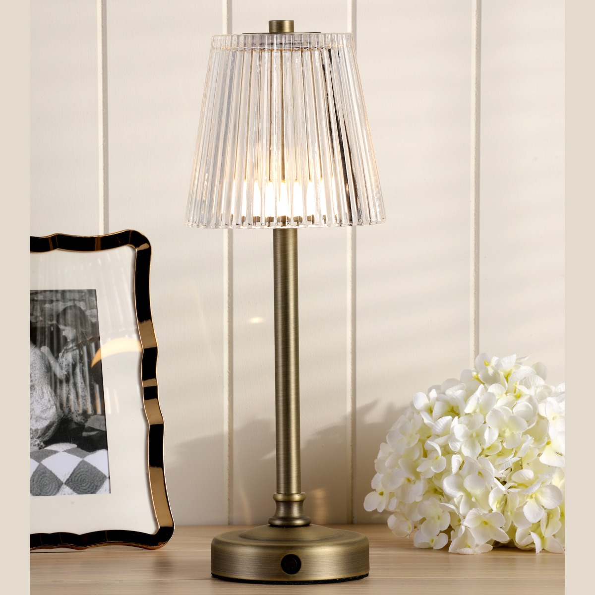 Laura Ashley Callaghan Rechargeable Portable LED Table Lamp In Matt Antique Brass With Ribbed Glass