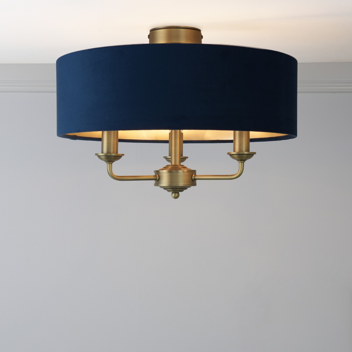 Laura Ashley Sorrento 3 Light Semi Flush Ceiling Light In Matt Antique With Blue Shade