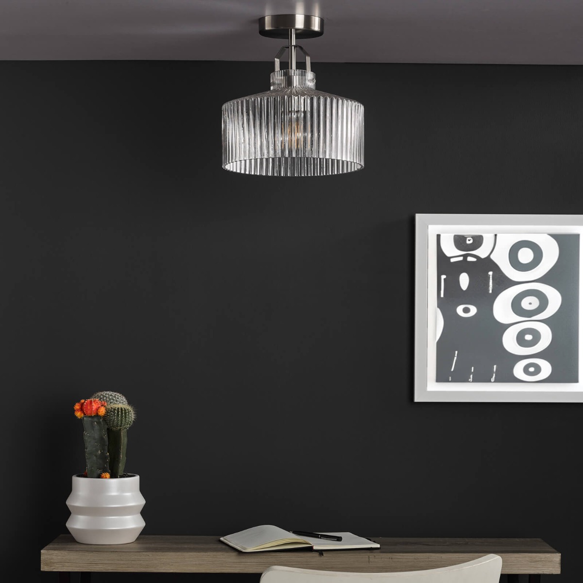 Dar Lighting Lenka Semi Flush Ceiling Light In Satin Nickel Finish With Ribbed Glass Shade