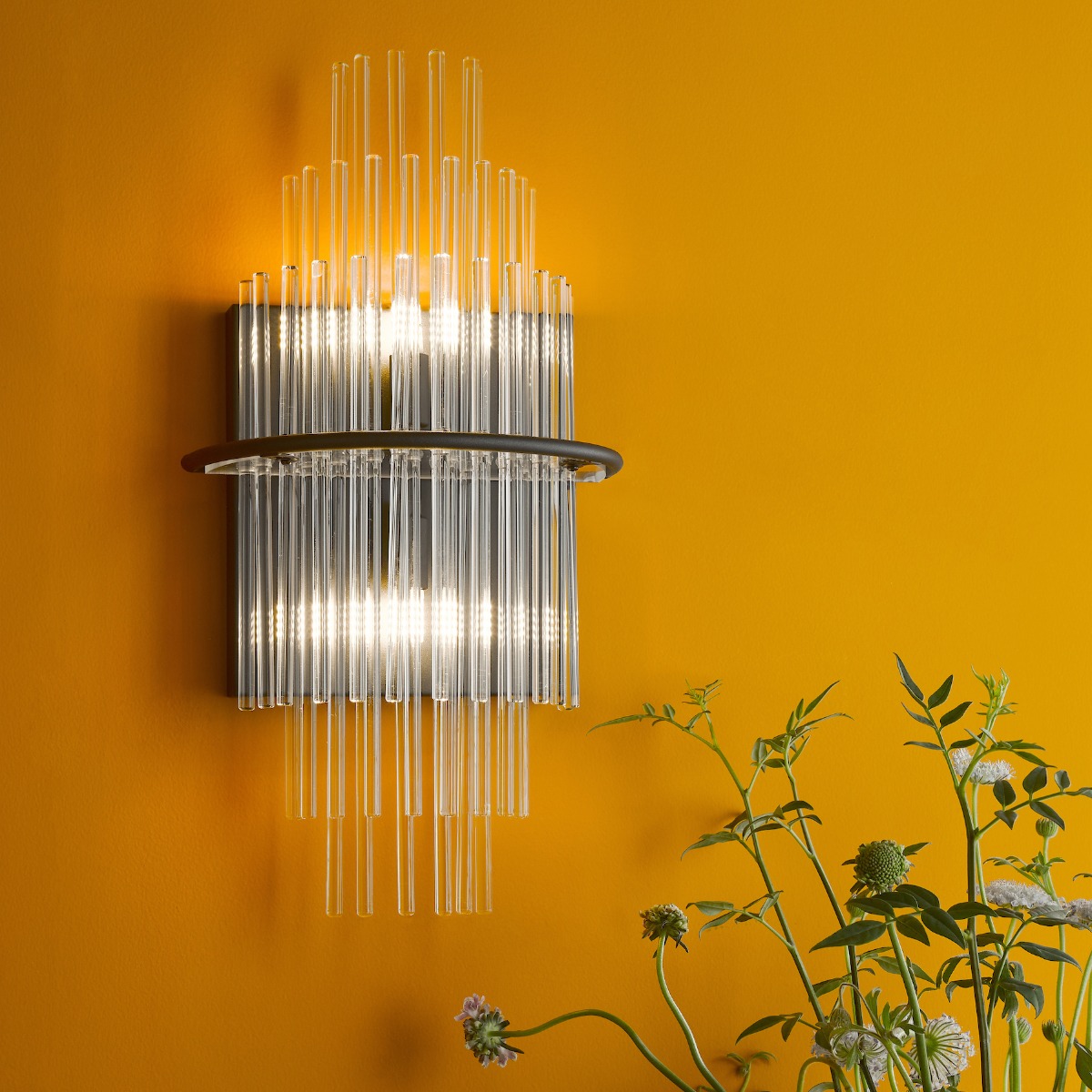 Dar Lighting Lukas 2 Light Glass Wall Light In Satin Black Finish LUK0922