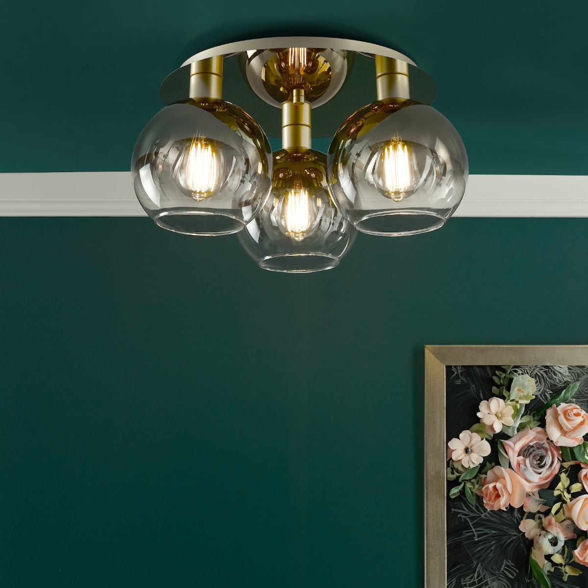 Dar Lighting Lycia 3 Light Flush Ceiling Light In Satin Gold With Gold Ombre Glass LYC5335