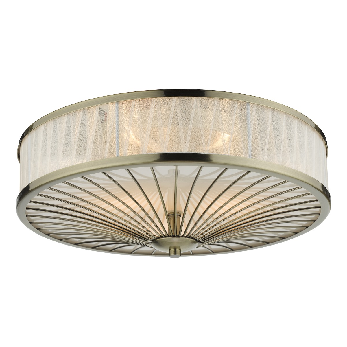 Dar Lighting Oslo 3 Light Flush Ceiling Light In Antique Brass Finish With Ivory Organza Border