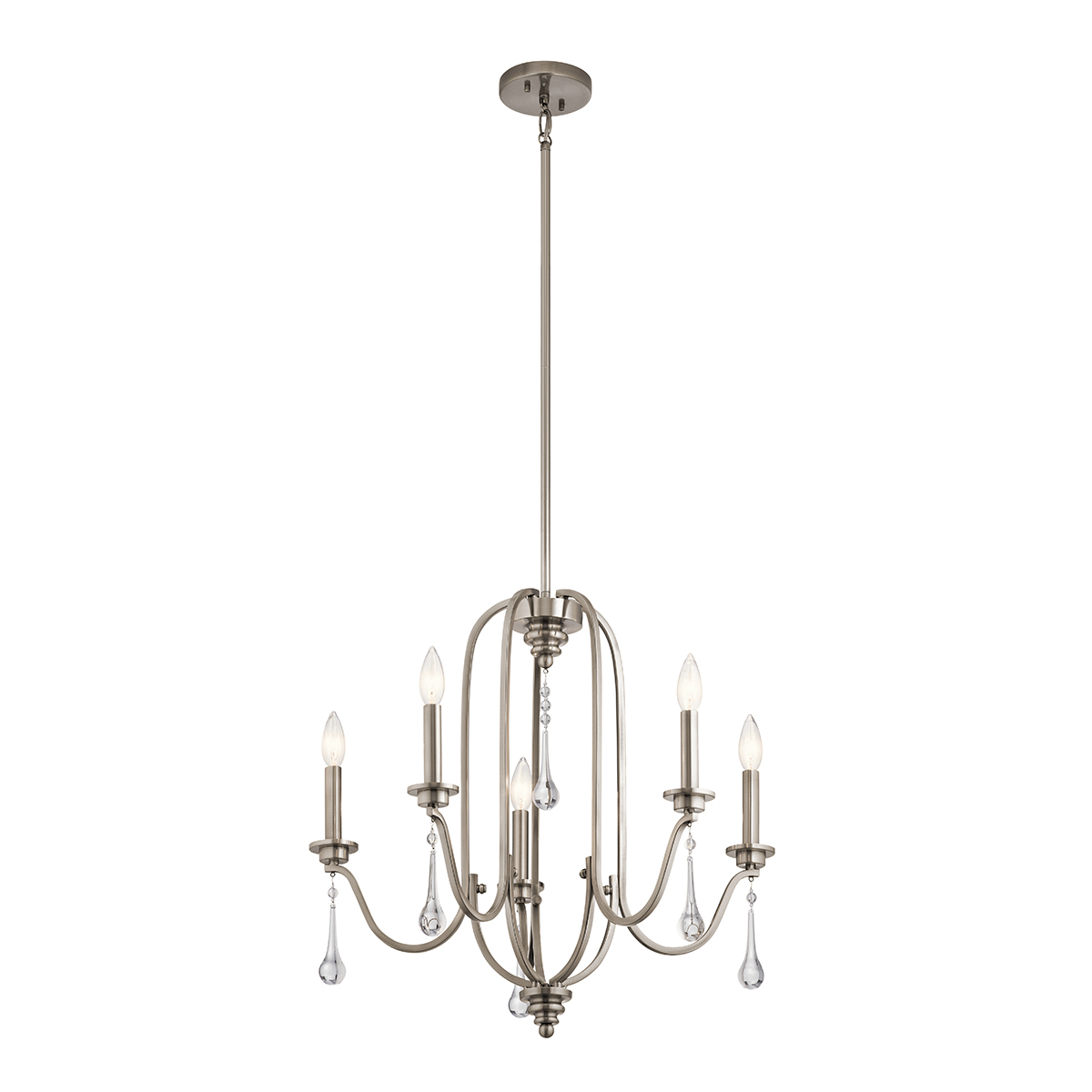 Quintiesse QN-KARLEE5 Karlee Stylish 5 Light Ceiling Chandelier In Classic Pewter With Crystal Glass Droplets