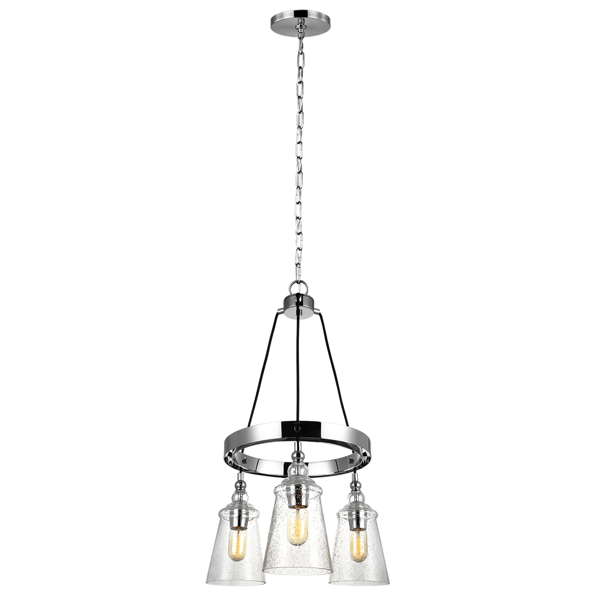 Quintiesse QN-LORAS3 Loras 3 Light Industrial Ceiling Chandelier In Polished Chrome With Seeded Glass