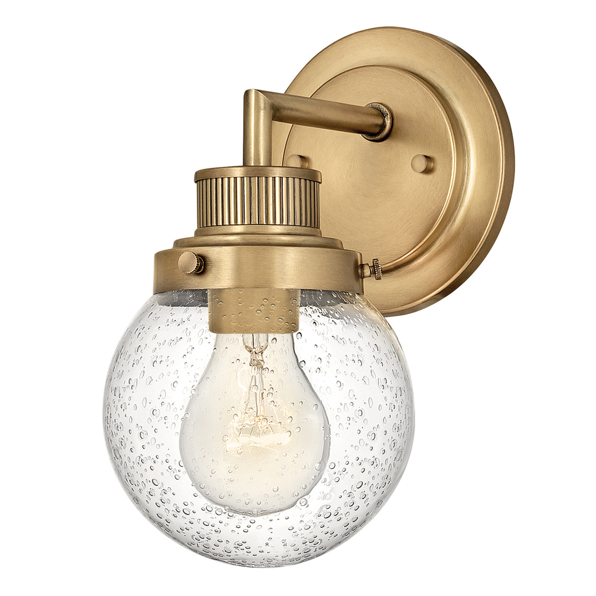 Image of Quintiesse QN-POPPY1-HB-BATH Poppy Single Wall Light In Heritage Brass Finish With Seeded Glass Shade IP44