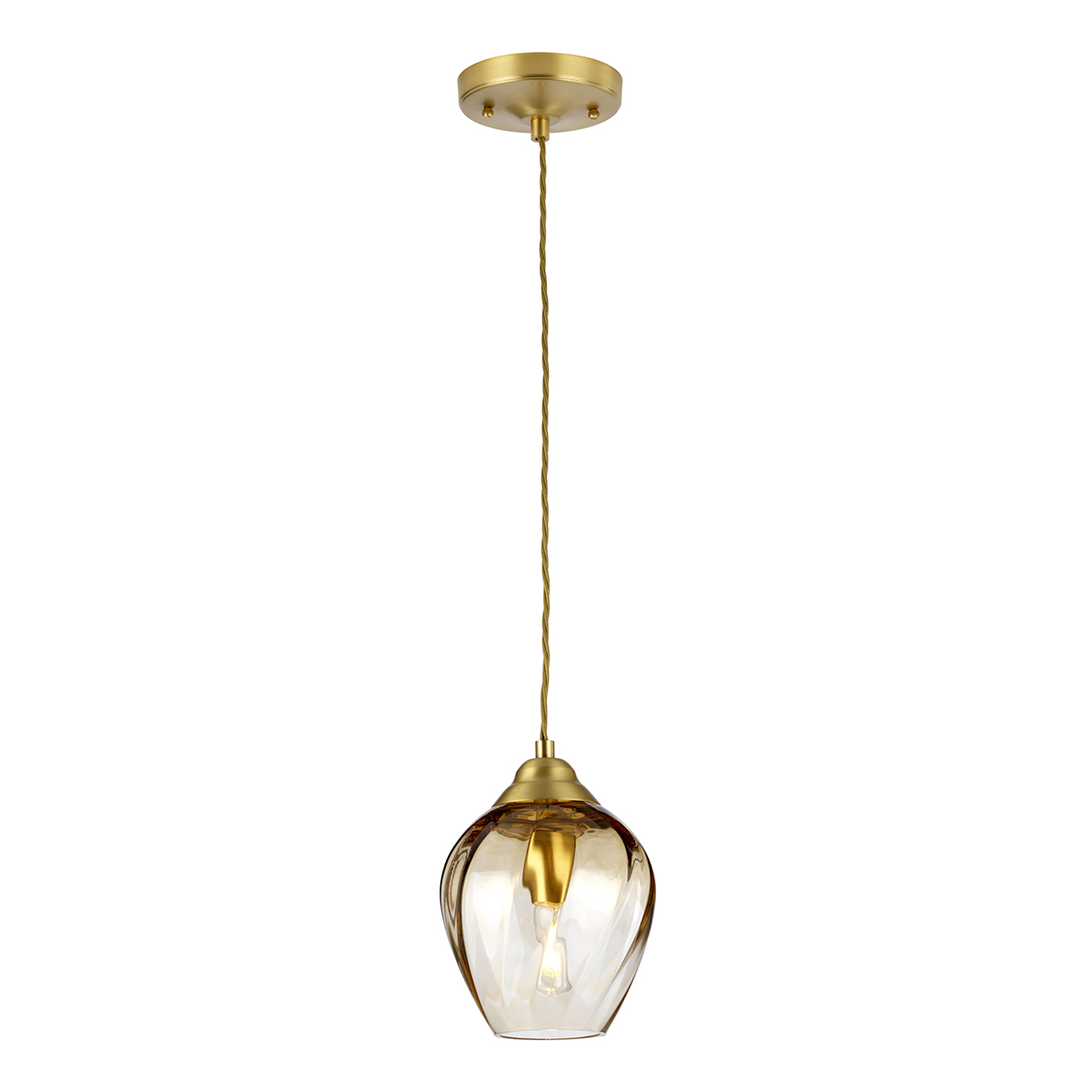 Image of Elstead TIBER-P-AMBER Tiber 1 Light Ceiling Pendant In Brushed Brass Finish With Amber Glass