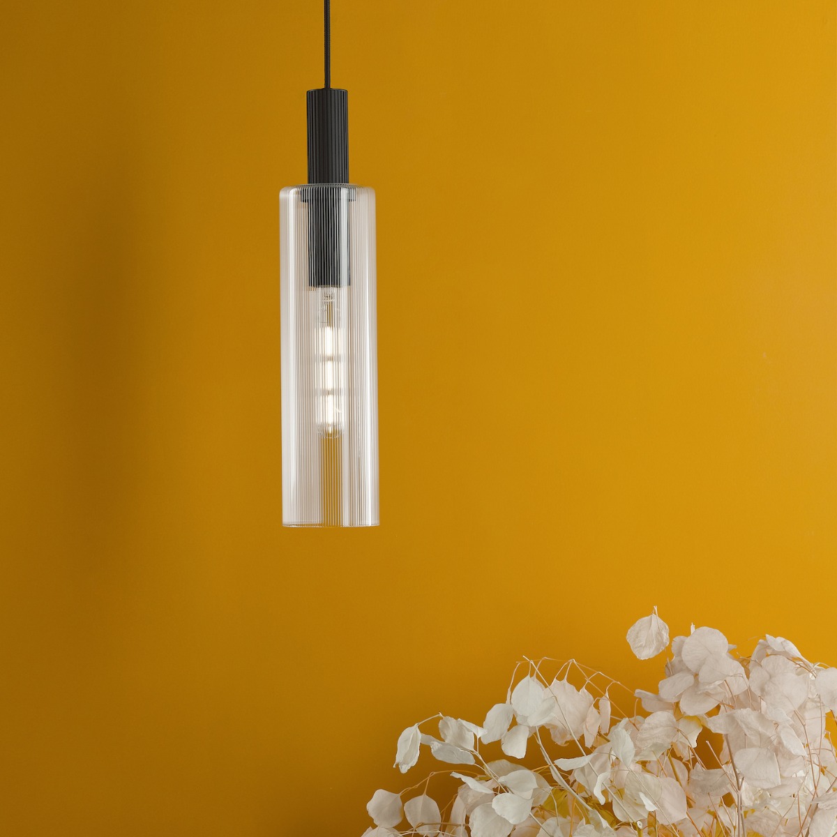 Dar Lighting Ruben Single Ceiling Pendant Light In Satin Black With Ribbed Glass RUB0122