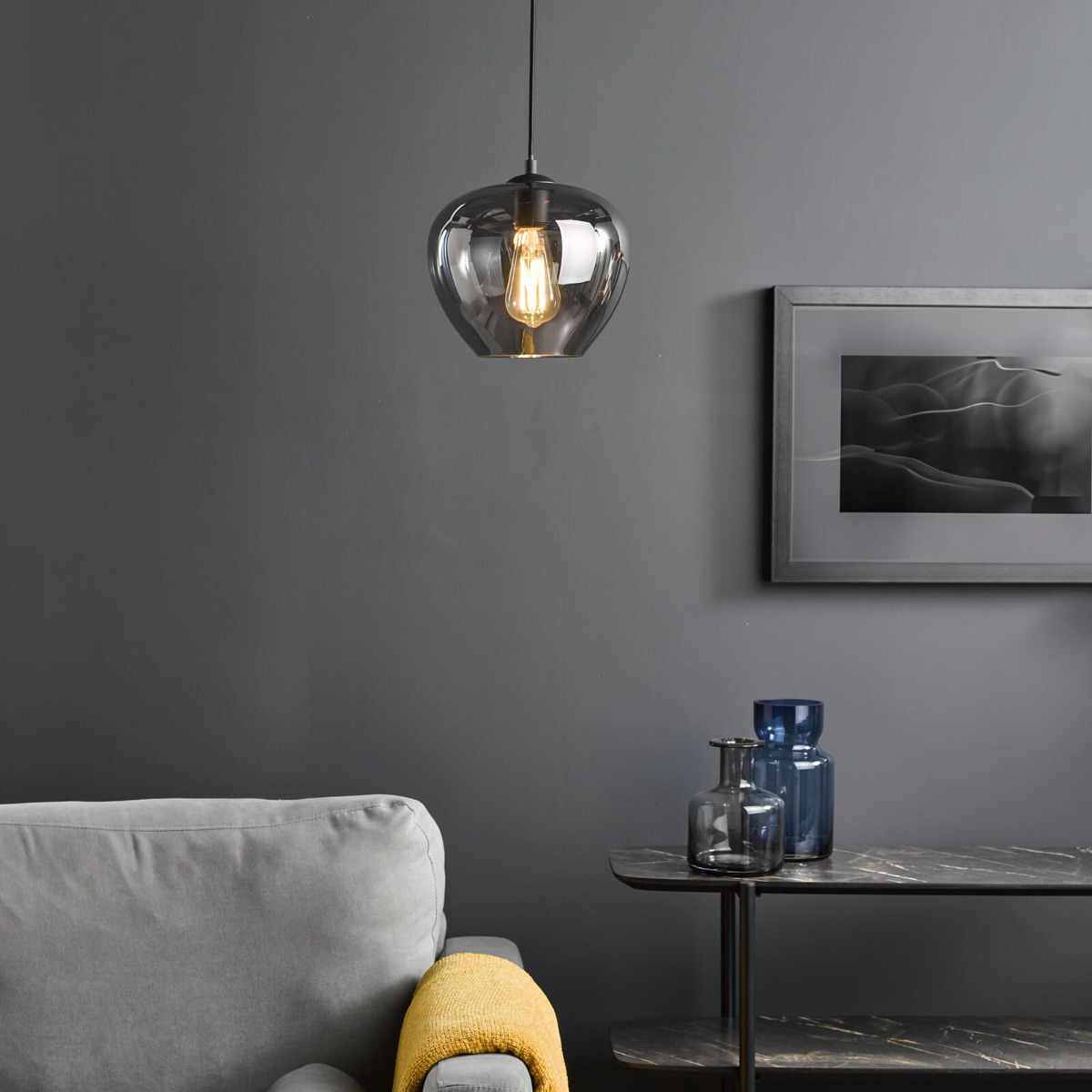 Dar Lighting Shilah Ceiling Pendant Light In Matt Black With Smoked Glass