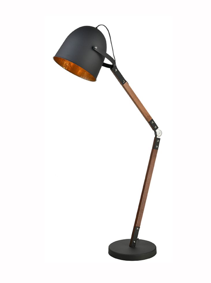 Timber Floor Lamp In Mat Black And Gold Finish With Wooden Stem S245