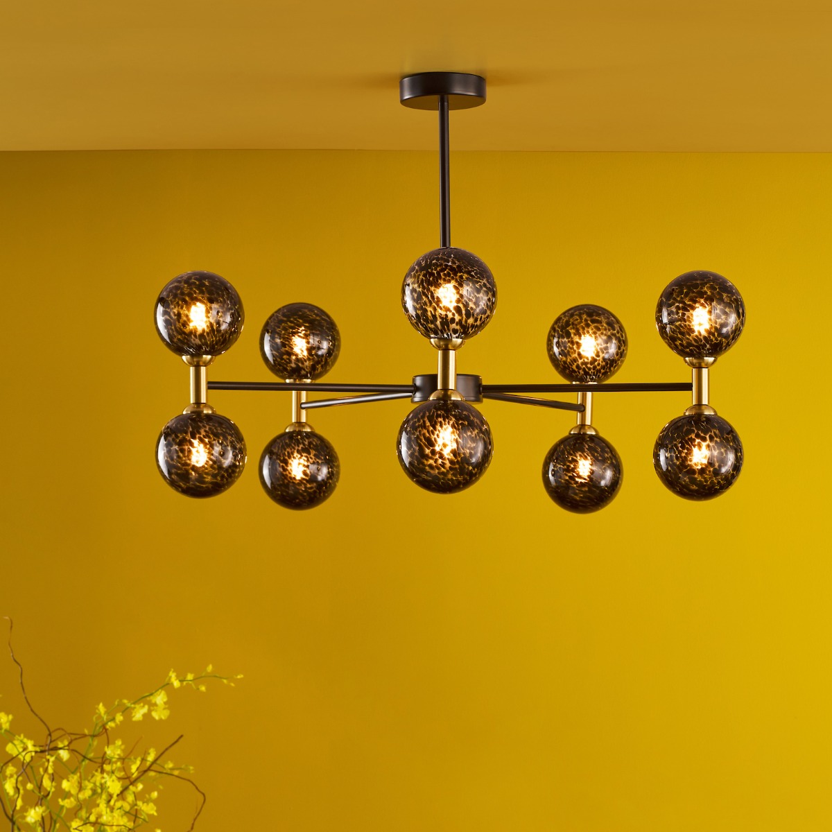 Dar Wisebuys Takara 10 Light Semi Flush Ceiling Light In Matt Black With Black Confetti Glass