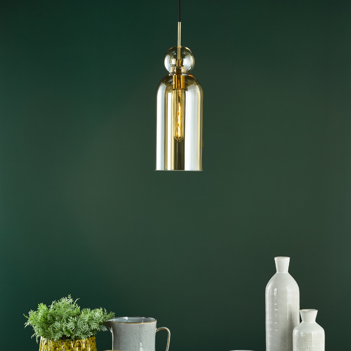 Dar Lighting Tao Ceiling Pendant In Brushed Bronze With Amber Glass Shade