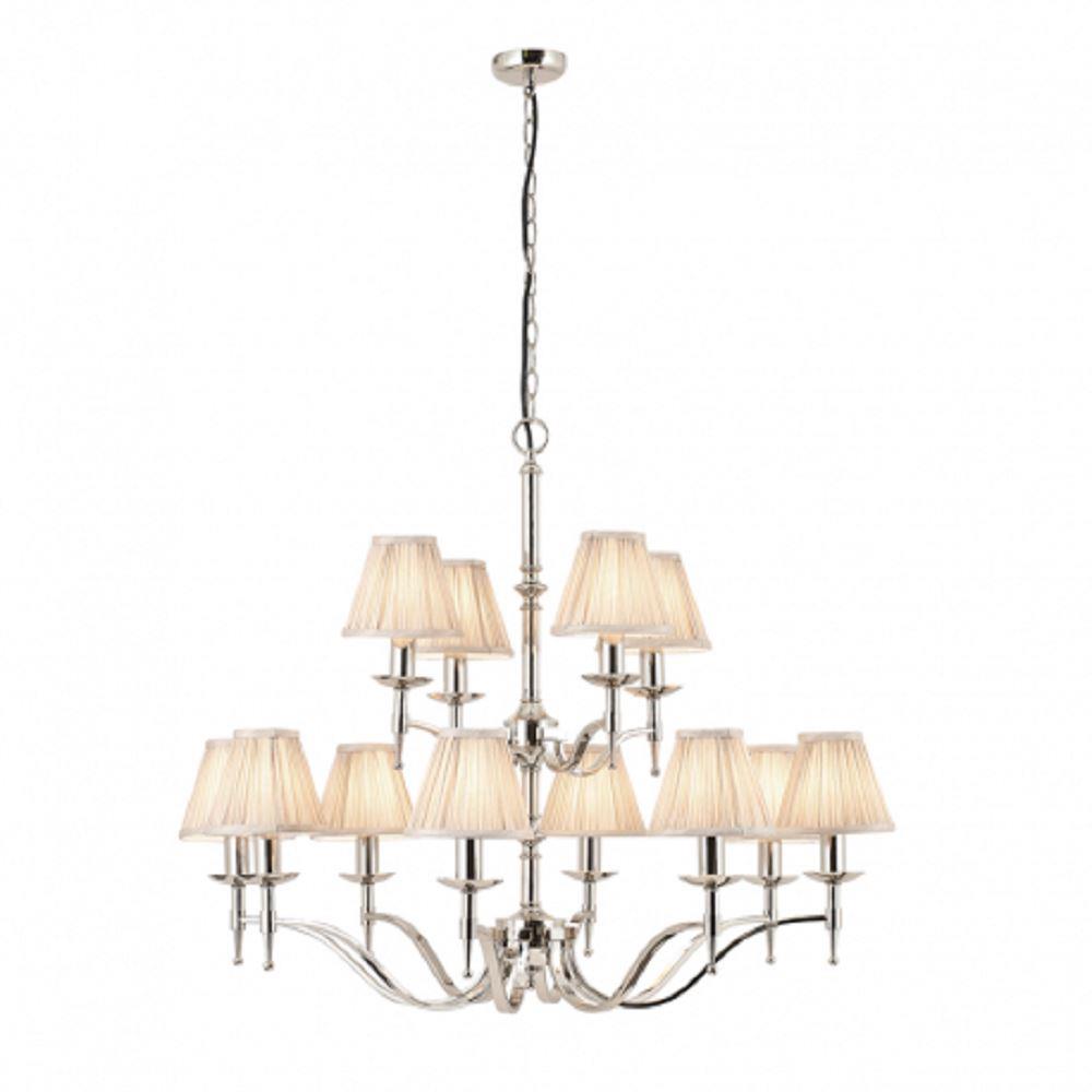 Image of Interiors 1900 63632 Stanford Nickel 12 Light Ceiling Pendant In Nickel With Beige Shades