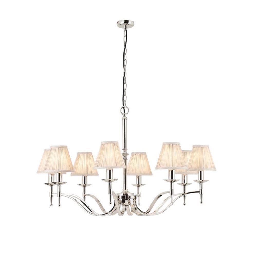 Image of Interiors 1900 63635 Stanford Nickel 8 Light Ceiling Pendant Light In Nickel With Beige Shades