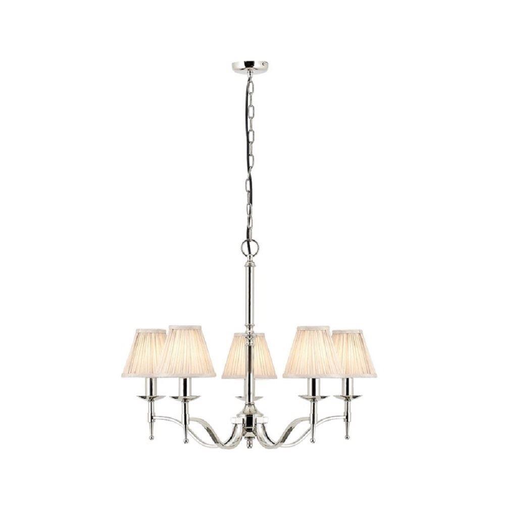 Image of Interiors 1900 63631 Stanford Nickel 5 Light Ceiling Pendant Light In Nckel With Beige Shades