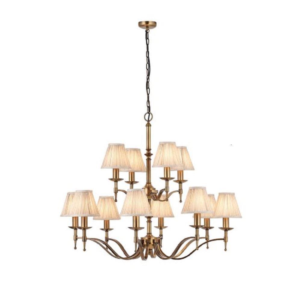 Image of Interiors 1900 63626 Stanford Brass 12 Light Ceiling Pendant Light In Antique Brass With Beige Shades